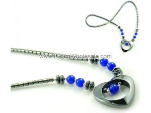 Blue Cat's Eye Opal Beads Hematite Heart Pendant Chain Choker Fashion Necklace